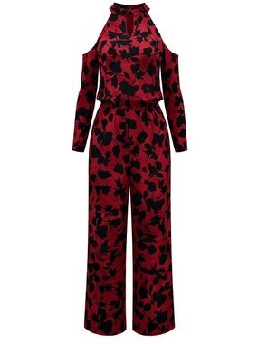 Thalia Sodi Red and Black Floral Cold-Shoulder Jumpsuit